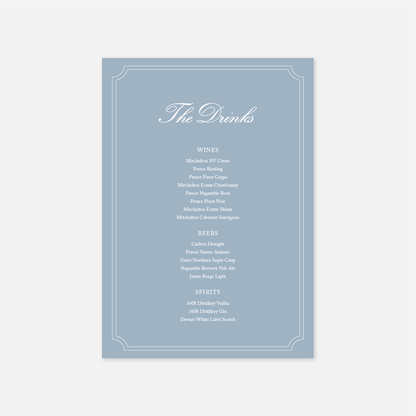 Heritage wedding drinks menu wedding stationery in Blue — Just Hitched