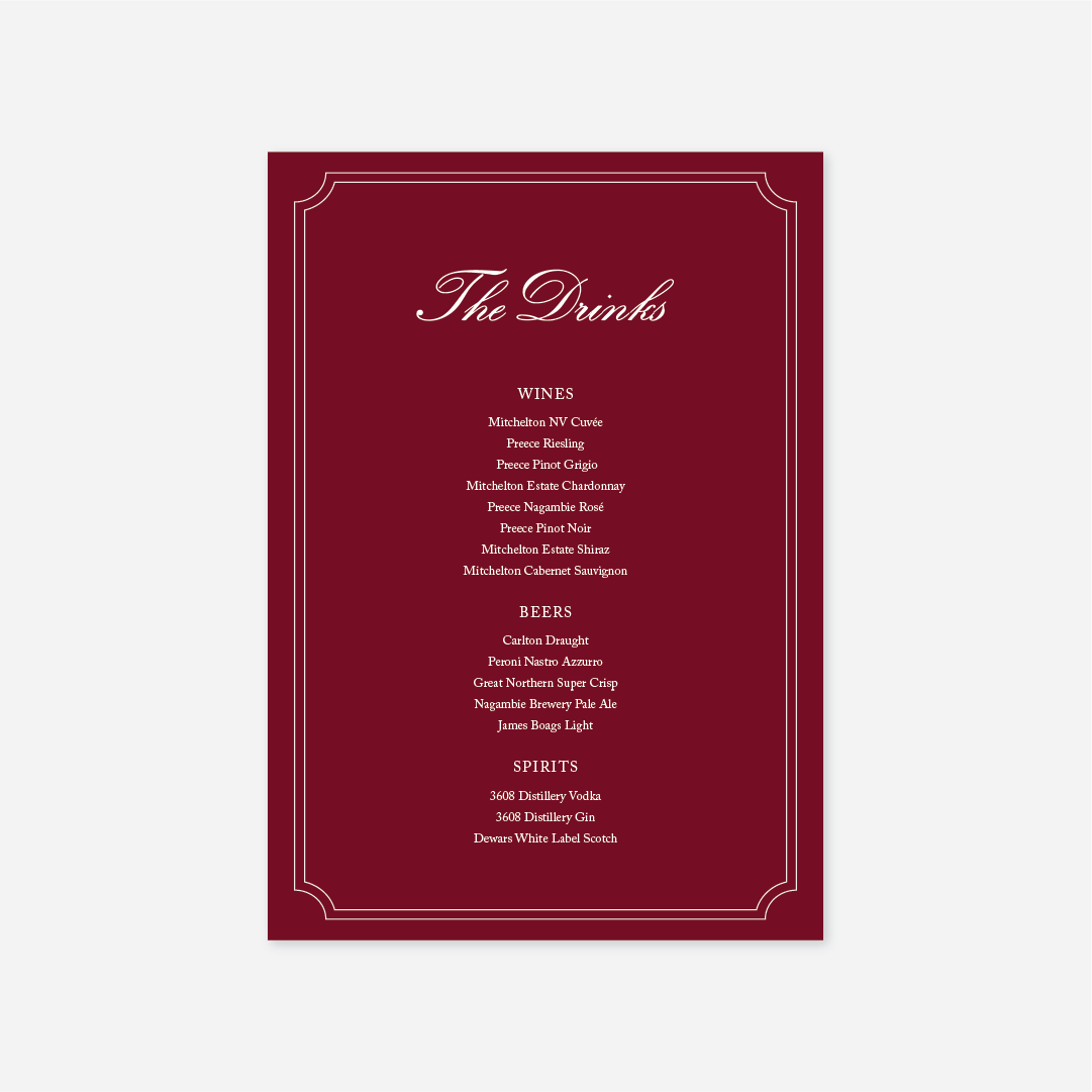 Heritage wedding drinks menu wedding stationery in Cherry — Just Hitched