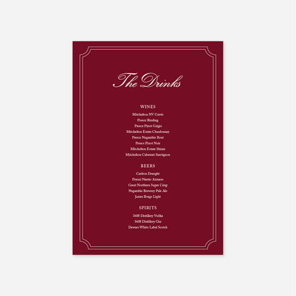 Heritage wedding drinks menu wedding stationery in Cherry — Just Hitched