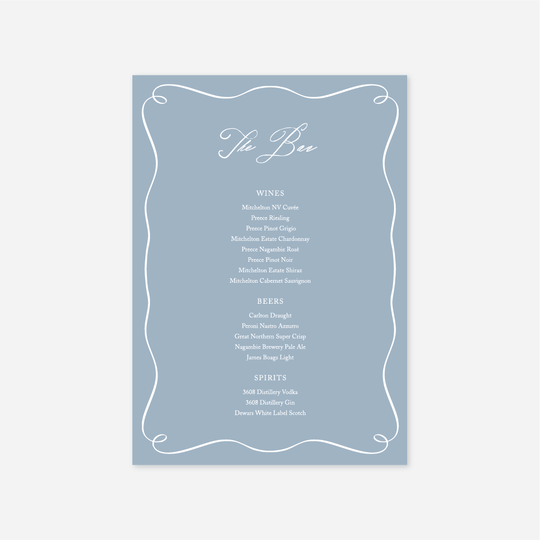 Elegance wedding bar menu wedding stationery in Blue — Just Hitched