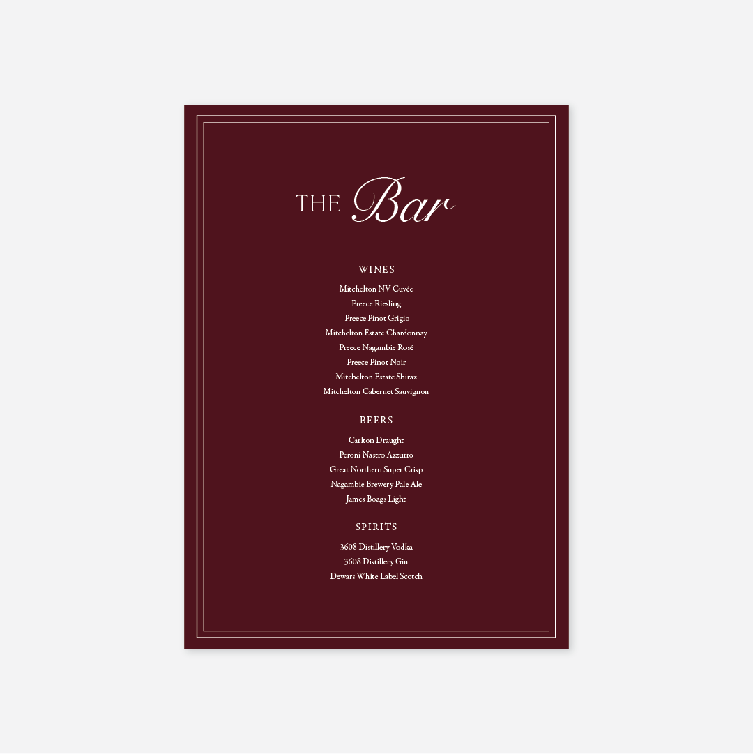 Romance wedding bar menu wedding stationery in Burgundy — Just Hitched