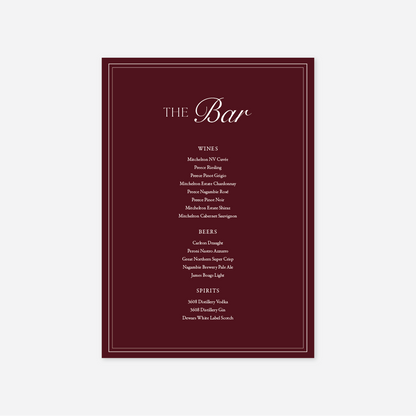 Romance wedding bar menu wedding stationery in Burgundy — Just Hitched
