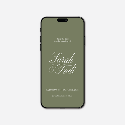 Digital save the date card (Classic-style) in Sage Green — Just Hitched