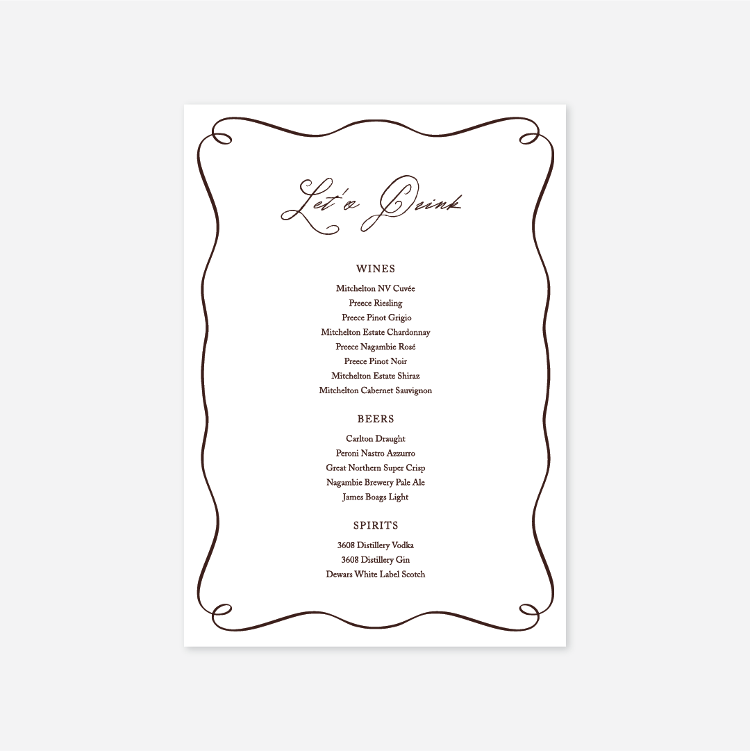 Elegance wedding drinks menu wedding stationery in White — Just Hitched