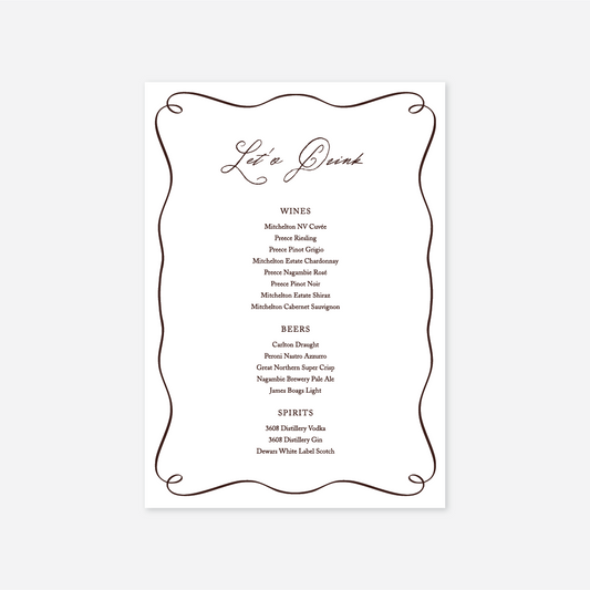 Elegance wedding drinks menu wedding stationery in Chocolate — Just Hitched