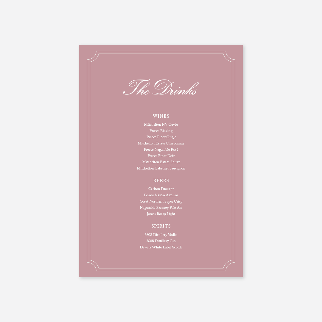 Heritage wedding drinks menu wedding stationery in Rose — Just Hitched