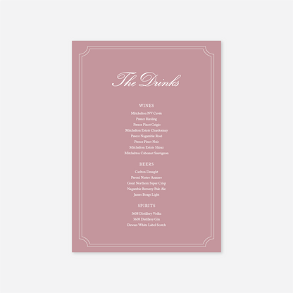 Heritage wedding drinks menu wedding stationery in Rose — Just Hitched