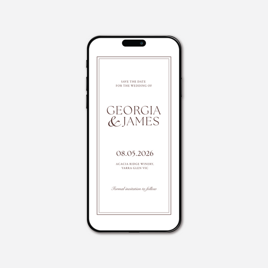 Digital save the date card (Romance-style) in Chocolate Brown — Just Hitched