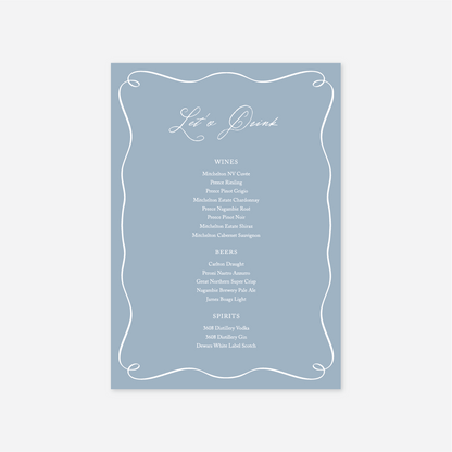 Elegance wedding drinks menu wedding stationery in Blue — Just Hitched
