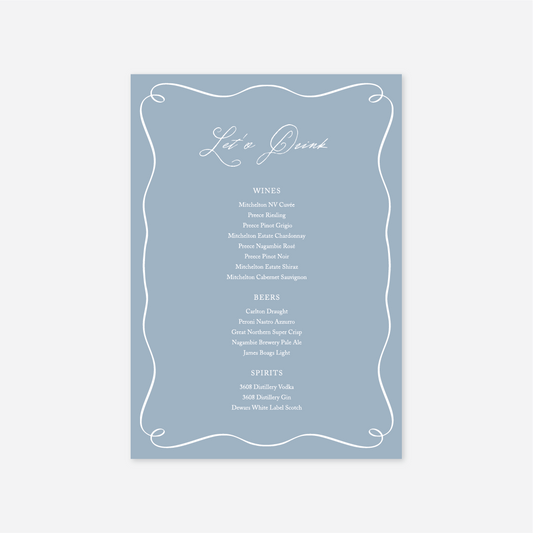 Elegance wedding drinks menu wedding stationery in Blue — Just Hitched