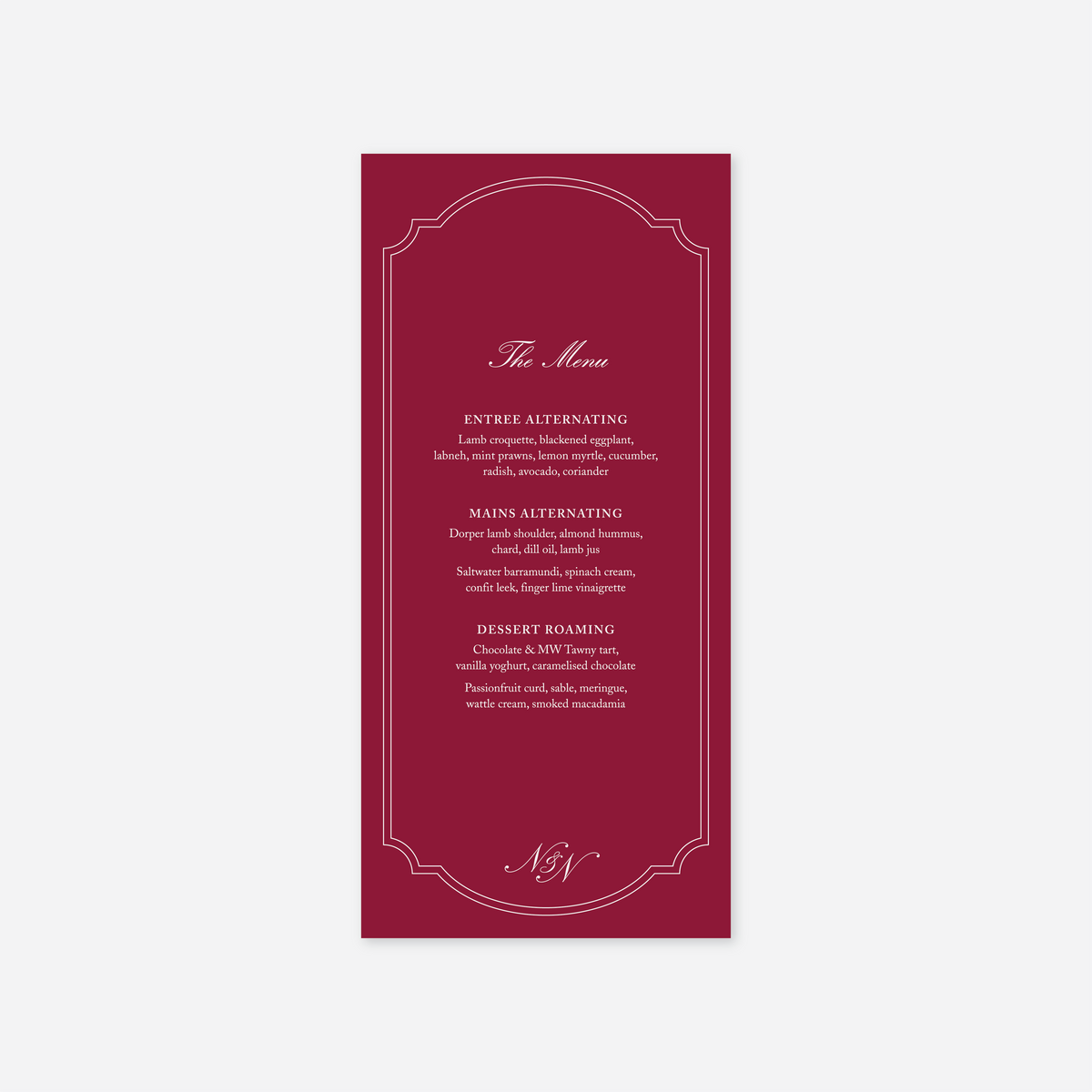 Heritage wedding menu card wedding stationery in Cherry Red — Just Hitched