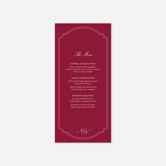 Heritage wedding menu card wedding stationery in Chocolate Brown — Just Hitched
