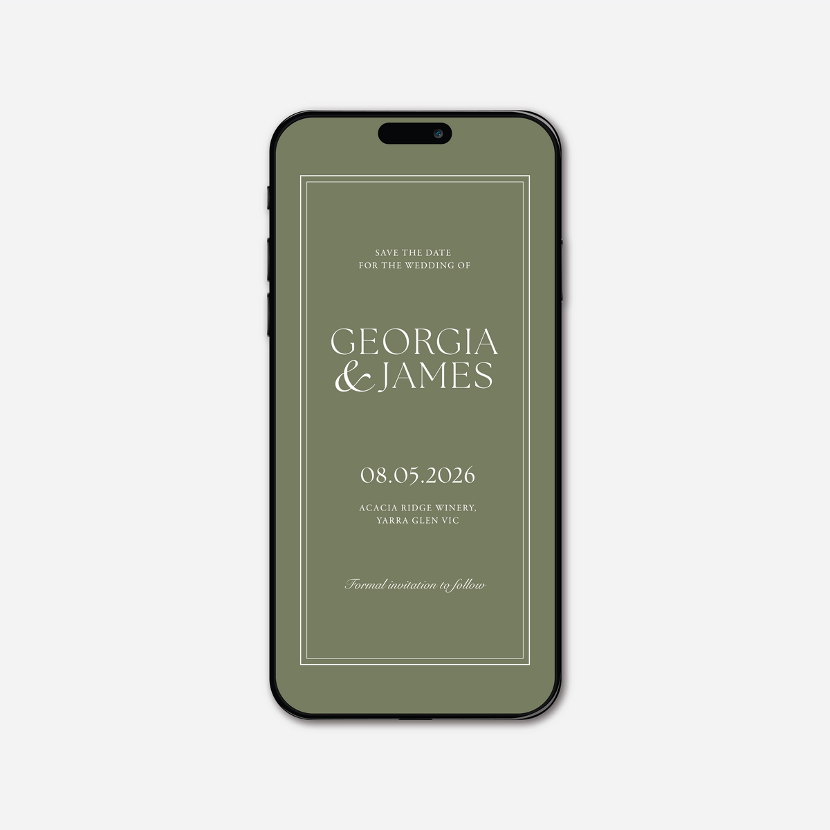 Digital save the date card (Romance-style) in Sage Green — Just Hitched