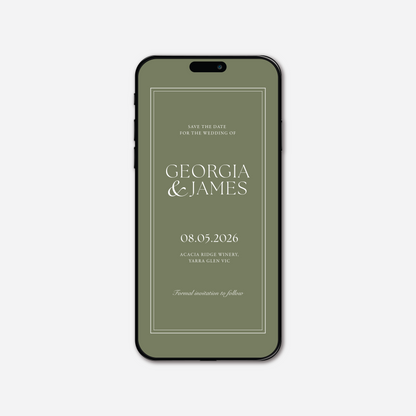Digital save the date card (Romance-style) in Sage Green — Just Hitched