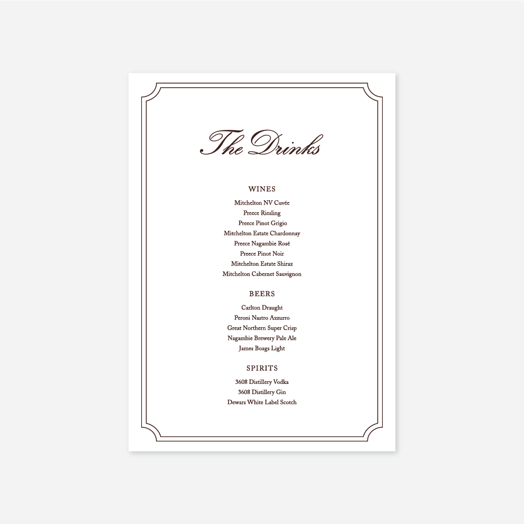 Heritage wedding drinks menu wedding stationery in White — Just Hitched
