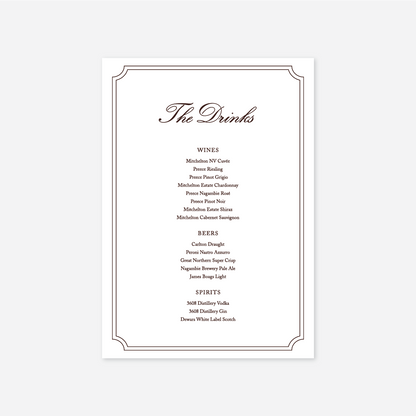 Heritage wedding drinks menu wedding stationery in White — Just Hitched