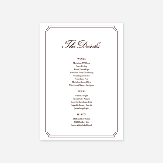 Heritage wedding drinks menu wedding stationery in White — Just Hitched