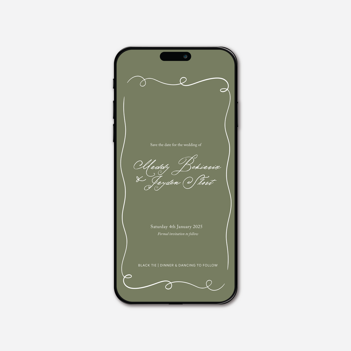 Digital save the date card (Elegance-style) in Sage Green — Just Hitched