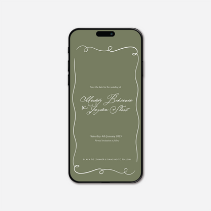 Digital save the date card (Elegance-style) in Sage Green — Just Hitched