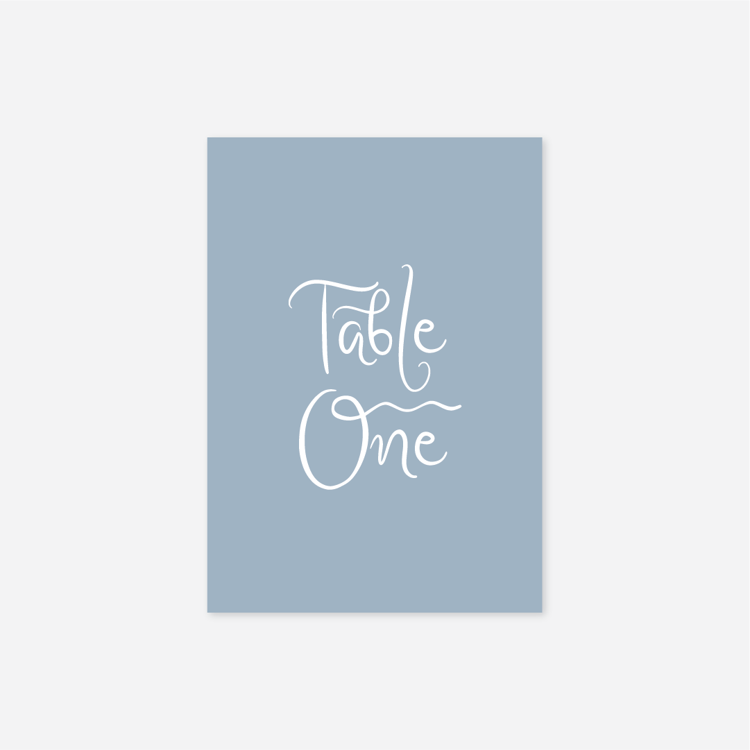 Whimsical wedding table number wedding stationery in Blue — Just Hitched