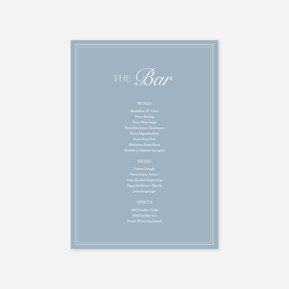 Romance wedding bar menu wedding stationery in Blue — Just Hitched