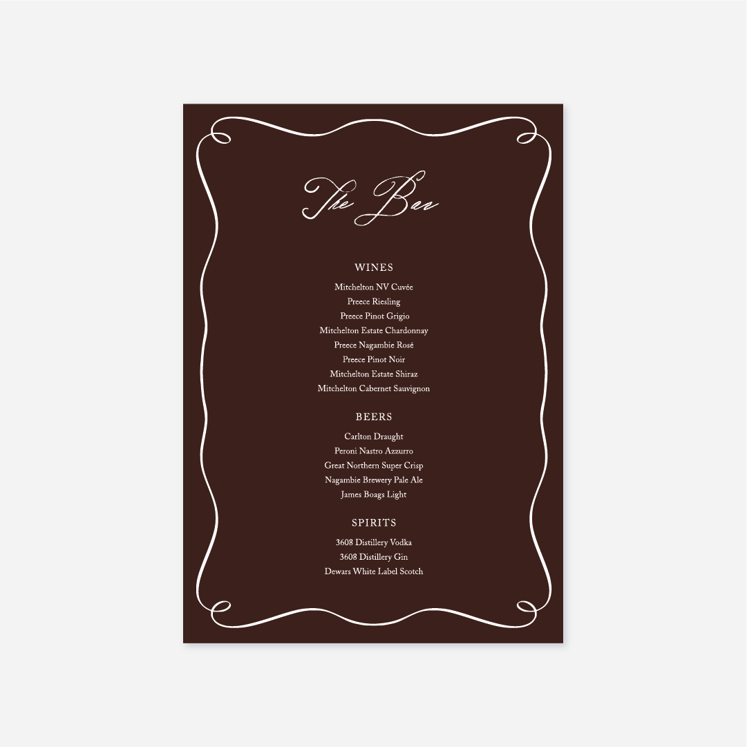 Elegance wedding bar menu wedding stationery in Chocolate — Just Hitched