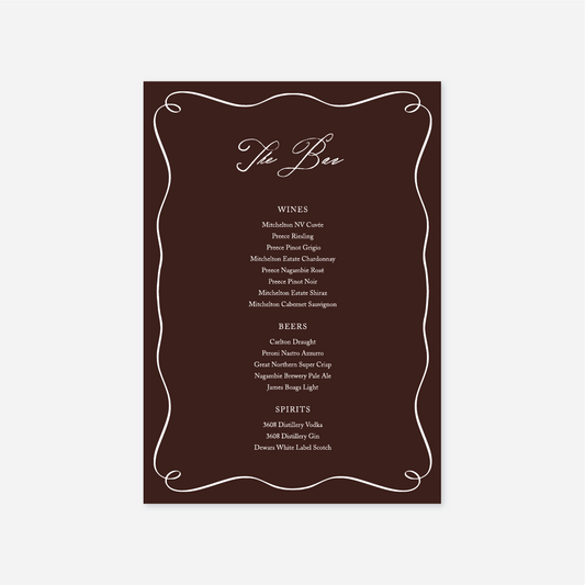 Elegance wedding bar menu wedding stationery in Chocolate — Just Hitched