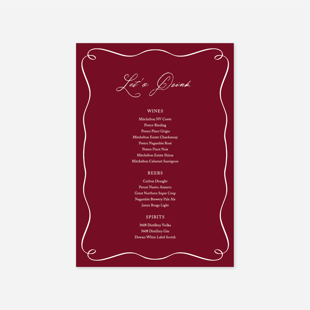 Elegance wedding drinks menu wedding stationery in Cherry — Just Hitched