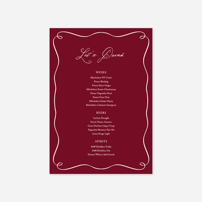 Elegance wedding drinks menu wedding stationery in Cherry — Just Hitched