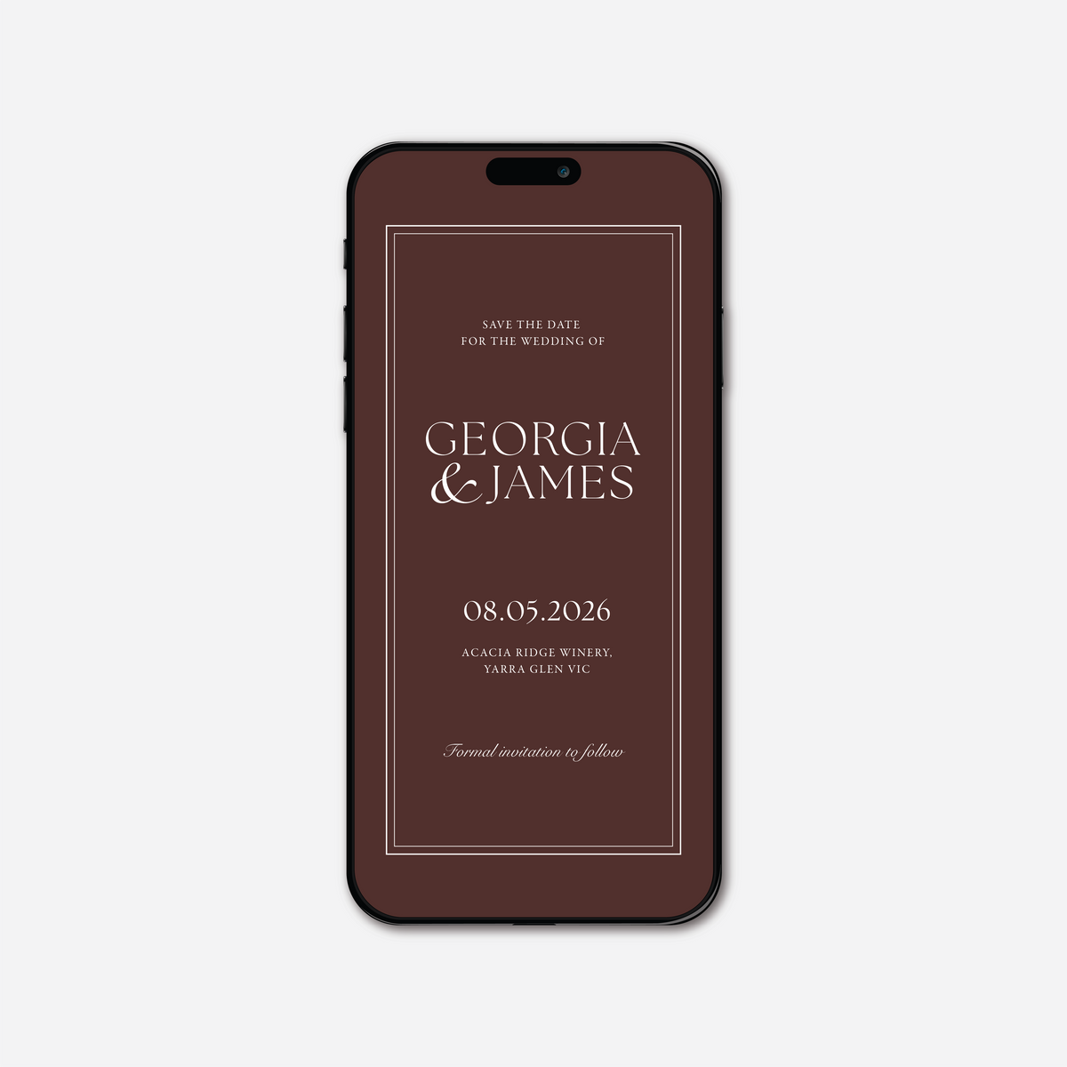 Digital save the date card (Romance-style) in Chocolate Brown — Just Hitched