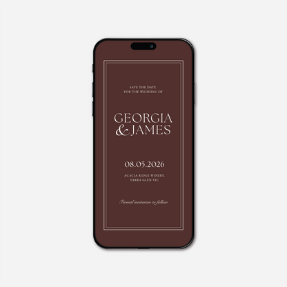 Digital save the date card (Romance-style) in Chocolate Brown — Just Hitched