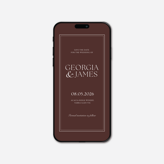 Digital save the date card (Romance-style) in Chocolate Brown — Just Hitched
