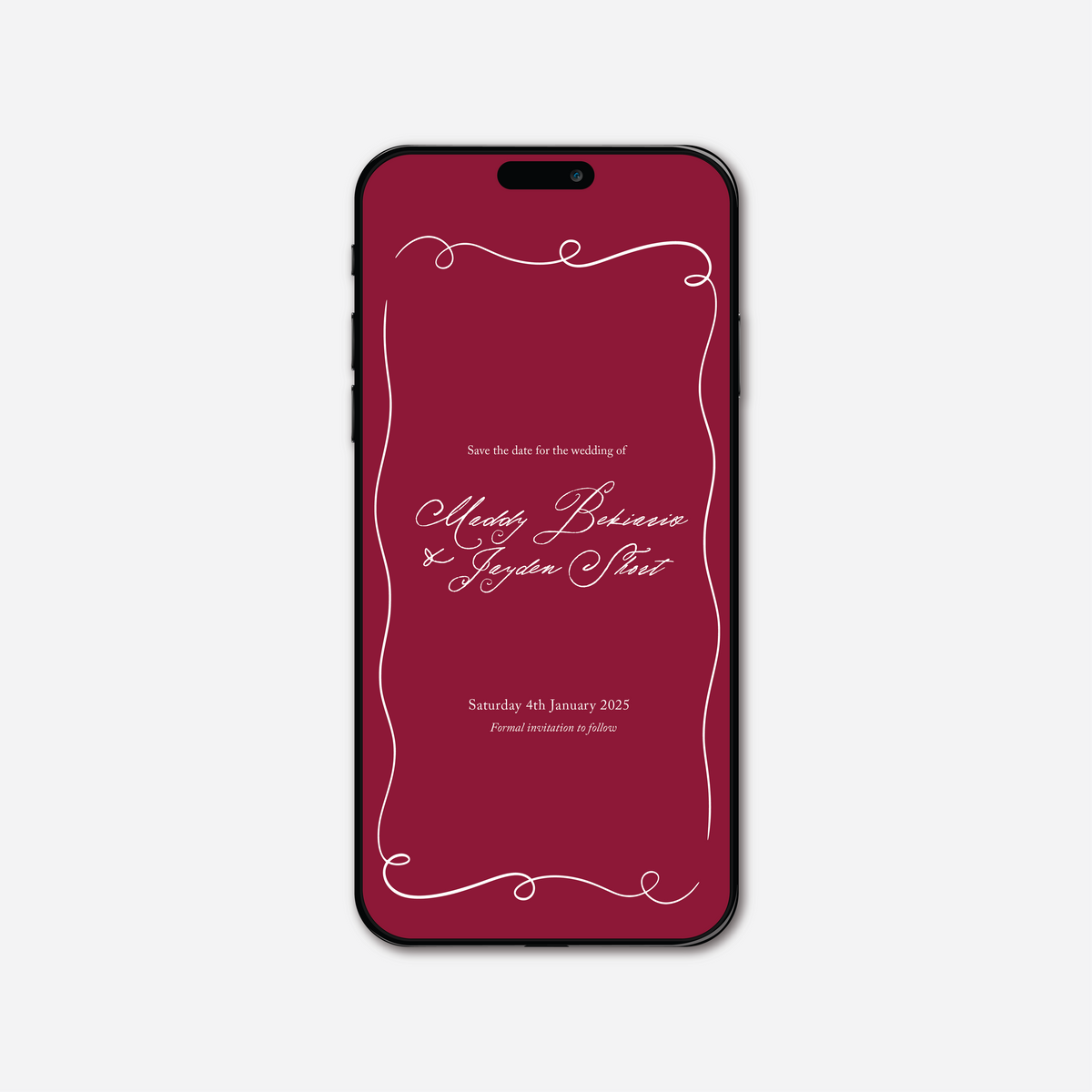 Digital save the date card (Elegance-style) in Cherry Red — Just Hitched