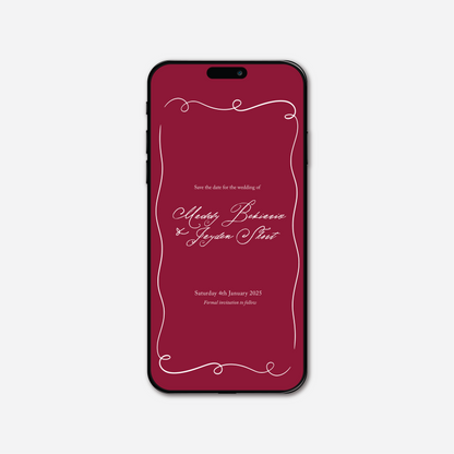 Digital save the date card (Elegance-style) in Cherry Red — Just Hitched