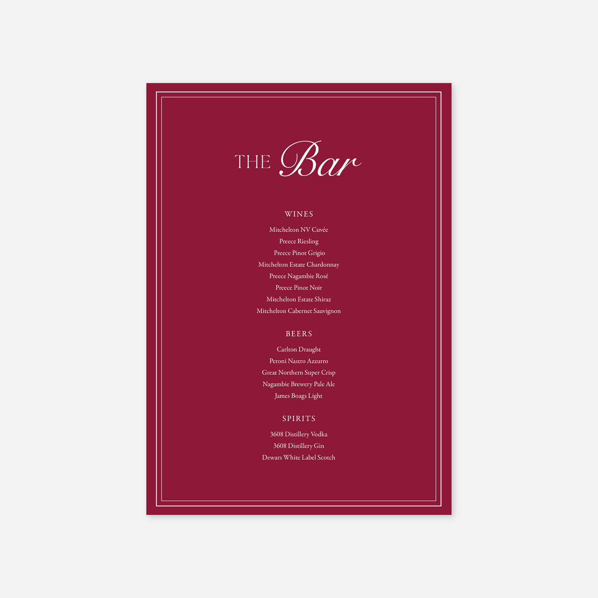 Romance wedding bar menu wedding stationery in Cherry — Just Hitched