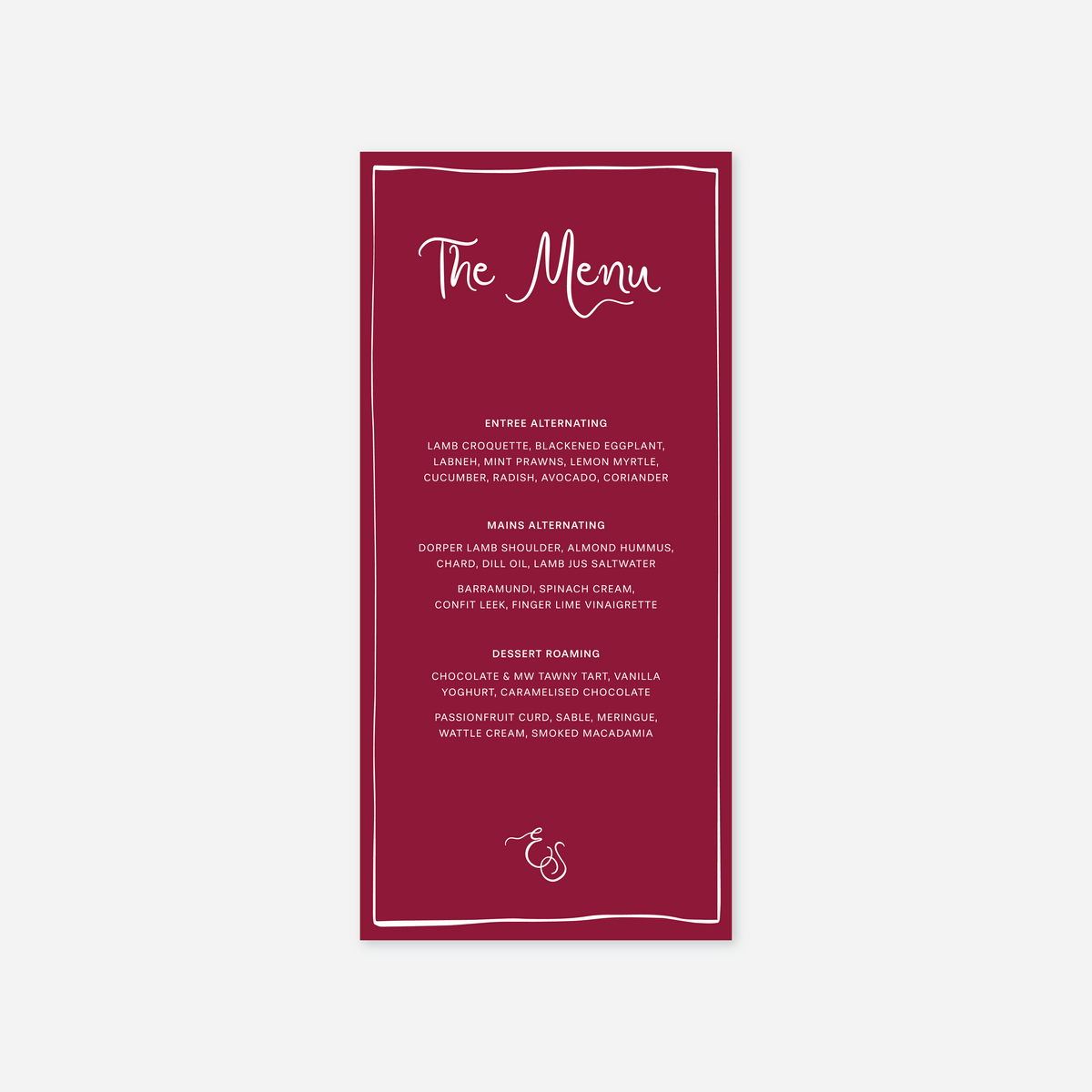 Whimsical wedding menu card wedding stationery in Cherry Red — Just Hitched