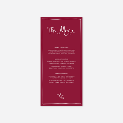 Whimsical wedding menu card wedding stationery in Cherry Red — Just Hitched