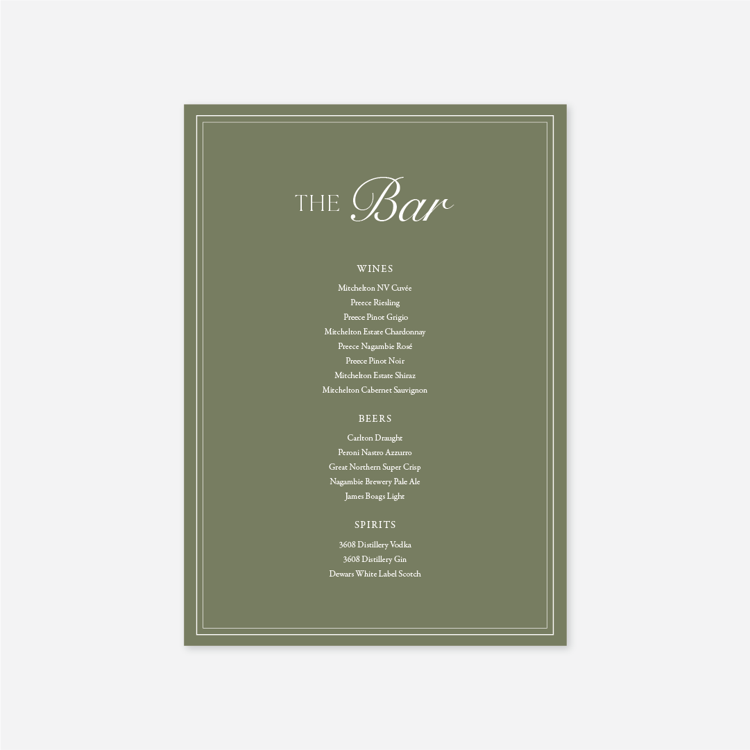 Romance wedding bar menu wedding stationery in Sage — Just Hitched