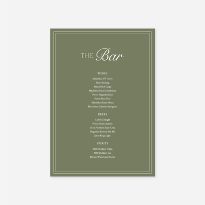 Romance wedding bar menu wedding stationery in Sage — Just Hitched