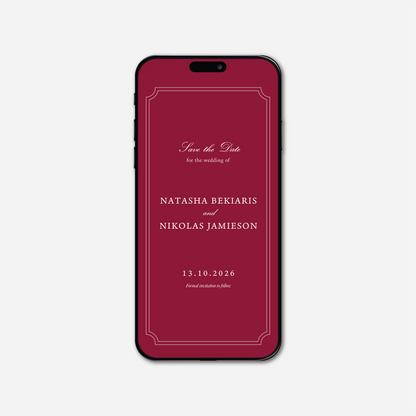 Digital save the date card (Heritage-style) in Cherry Red — Just Hitched
