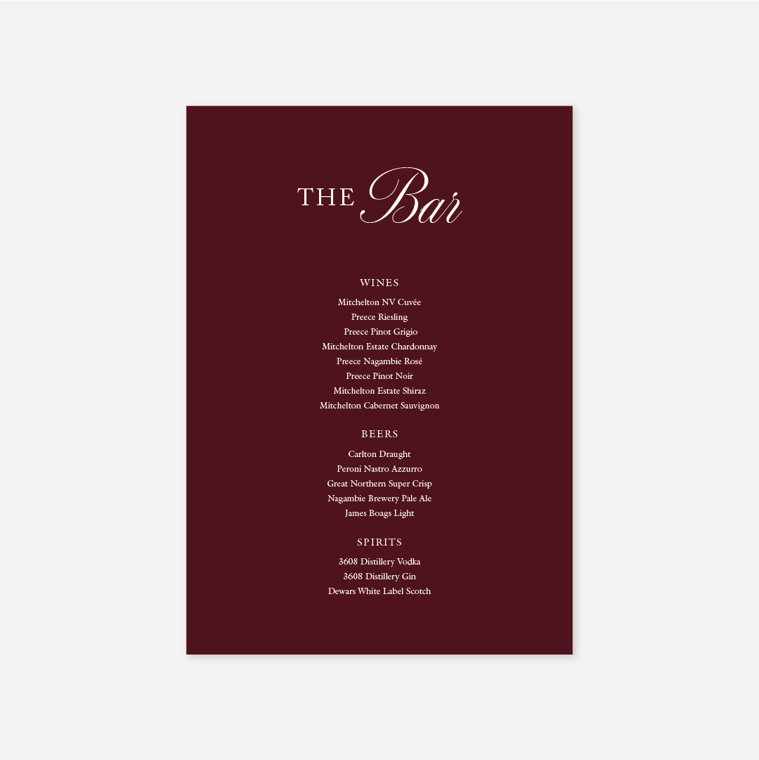 Classic wedding bar menu wedding stationery in Burgundy — Just Hitched