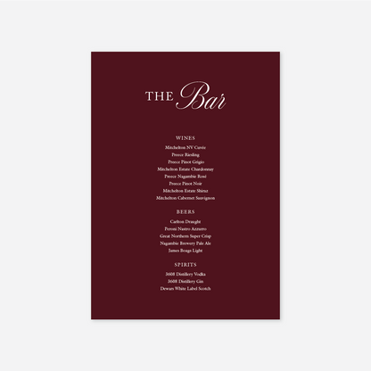 Classic wedding bar menu wedding stationery in Burgundy — Just Hitched
