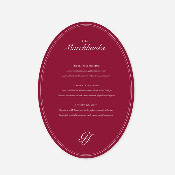 Romance wedding menu card wedding stationery in Cherry Red — Just Hitched
