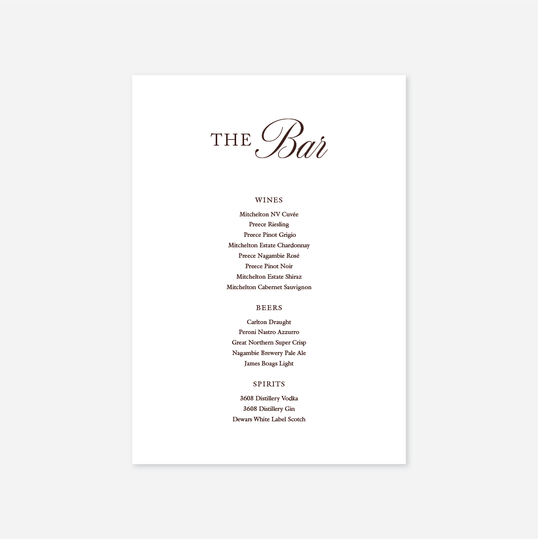 Classic wedding bar menu wedding stationery in White — Just Hitched