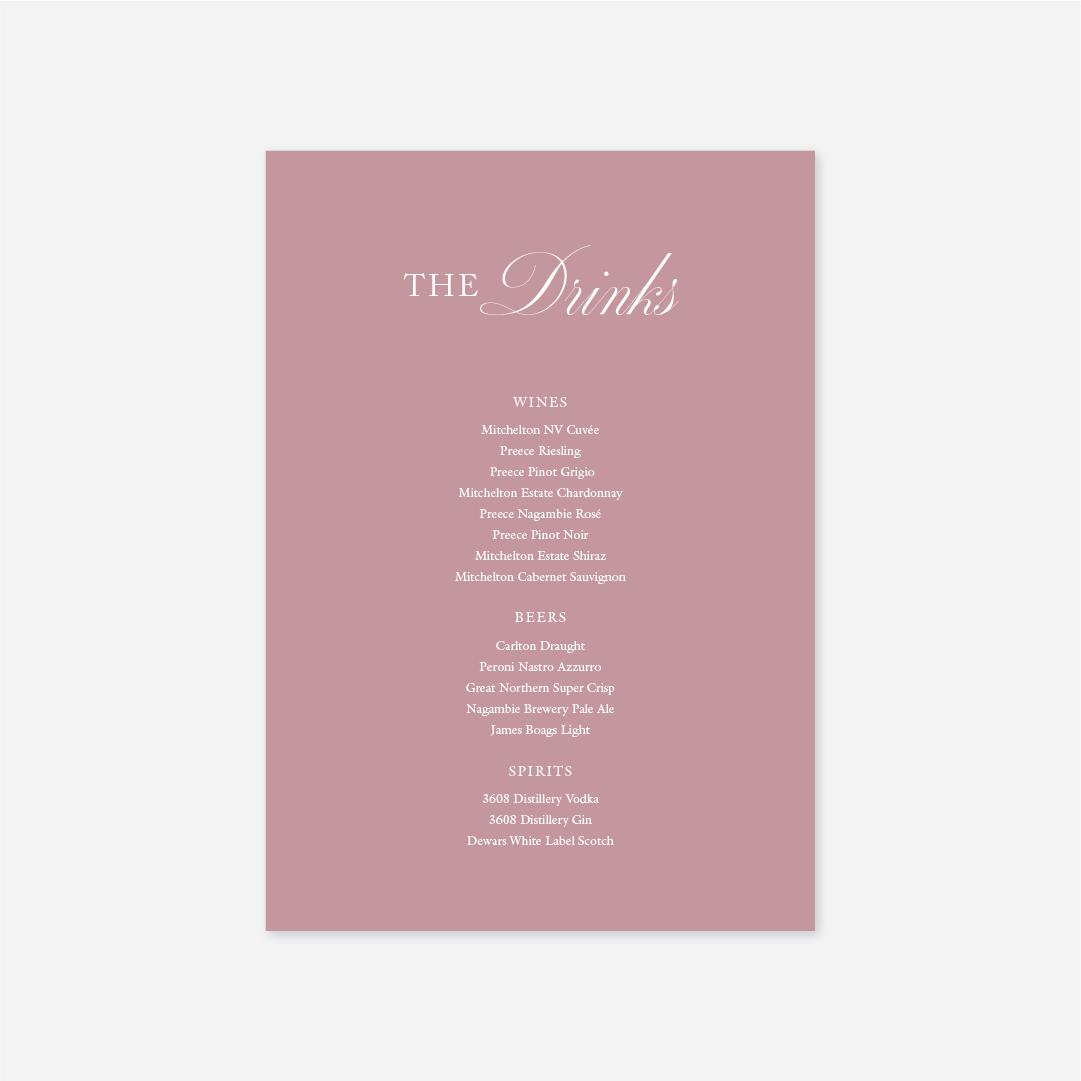 Classic wedding drinks menu wedding stationery in Rose — Just Hitched