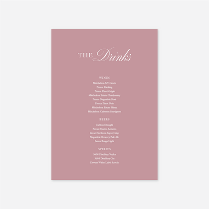 Classic wedding drinks menu wedding stationery in Rose — Just Hitched