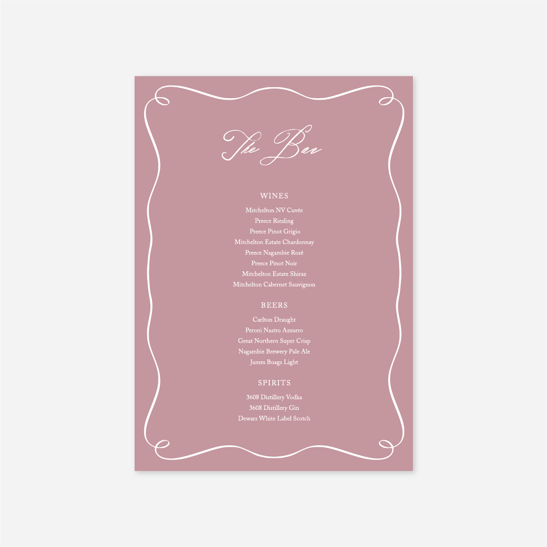 Elegance wedding drinks menu wedding stationery in Rose — Just Hitched