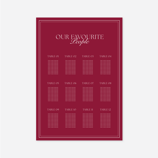 Romance wedding seating chart wedding stationery in Cherry Red — Just Hitched