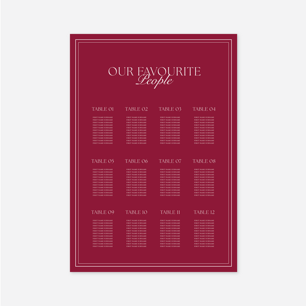 Romance wedding seating chart wedding stationery in Cherry Red — Just Hitched