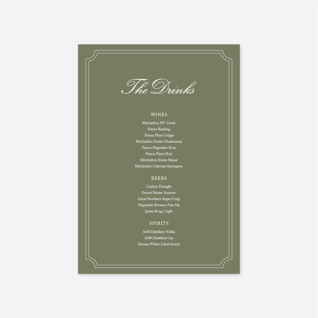 Heritage wedding drinks menu wedding stationery in Sage — Just Hitched